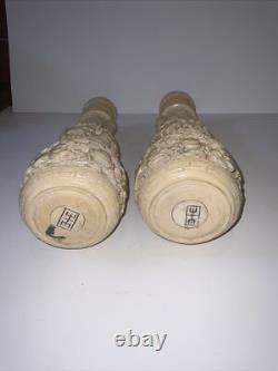 Vintage Chinese White Cinnabar Vases Pair Lacquer Resin Elephant Bulls Signed