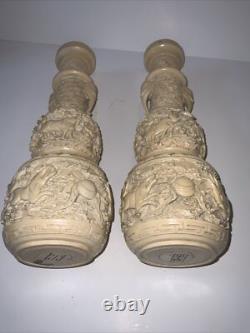 Vintage Chinese White Cinnabar Vases Pair Lacquer Resin Elephant Bulls Signed