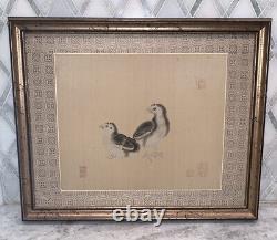 Vintage Chinoiserie Pair of Birds Watercolor Silk Panel 16.5x19.5Framed Matted