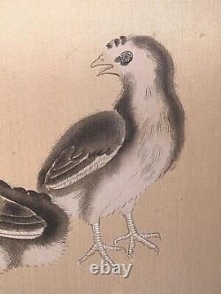Vintage Chinoiserie Pair of Birds Watercolor Silk Panel 16.5x19.5Framed Matted