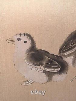 Vintage Chinoiserie Pair of Birds Watercolor Silk Panel 16.5x19.5Framed Matted