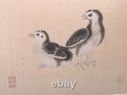 Vintage Chinoiserie Pair of Birds Watercolor Silk Panel 16.5x19.5Framed Matted