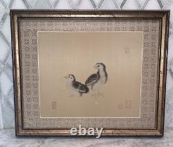 Vintage Chinoiserie Pair of Birds Watercolor Silk Panel 16.5x19.5Framed Matted