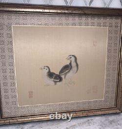 Vintage Chinoiserie Pair of Birds Watercolor Silk Panel 16.5x19.5Framed Matted