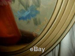 Vintage Floral Oil Paintings Oval Pair Estate Cottage Chic Shabby MID Century