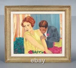 Vintage French Painting, Declaration of Love, Couple Courting Scene Rose, Signed