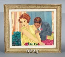 Vintage French Painting, Declaration of Love, Couple Courting Scene Rose, Signed