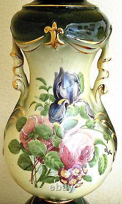 Vintage Hand Painted Signed Staffano Pair (2) Porcelain Floral Design Lamps