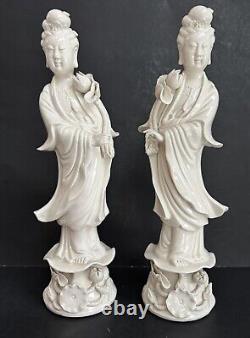 Vintage Kwan Yin Blanc de Chine Porcelain Statues MATCHING PAIR 12 Signed