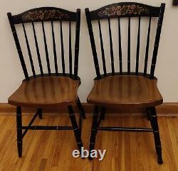Vintage L. Hitchcock Signed Black Harvest Windsor Side Chairs (pair)