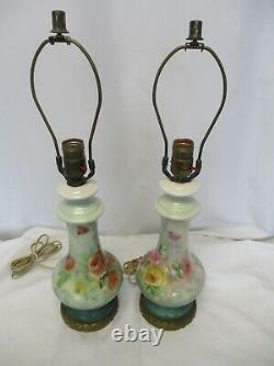 Vintage Limoges Style Lamps Hand Painted & Signed Floral Design Porcelain Pair