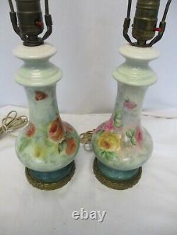 Vintage Limoges Style Lamps Hand Painted & Signed Floral Design Porcelain Pair