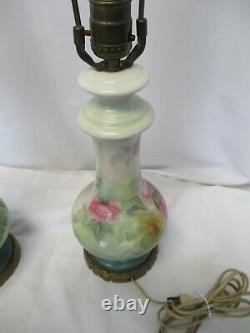 Vintage Limoges Style Lamps Hand Painted & Signed Floral Design Porcelain Pair