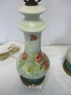 Vintage Limoges Style Lamps Hand Painted & Signed Floral Design Porcelain Pair