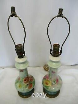 Vintage Limoges Style Lamps Hand Painted & Signed Floral Design Porcelain Pair