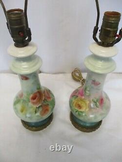 Vintage Limoges Style Lamps Hand Painted & Signed Floral Design Porcelain Pair