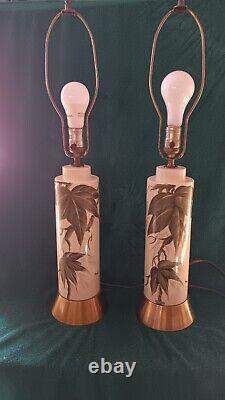 Vintage MCM Asian Style Table Lamp Pair By Tyndale Hand Painted Porcelain Signed