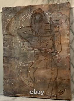 Vintage Modern'Wrapped In Love' Figural Abstract Oil Canvas Signed 24.75x19