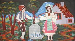 Vintage Naive Art Portrait Oil Painting Couple With Folk Costumes