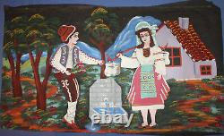 Vintage Naive Art Portrait Oil Painting Couple With Folk Costumes