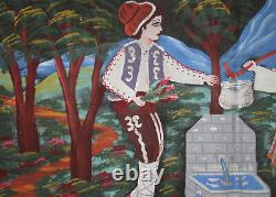 Vintage Naive Art Portrait Oil Painting Couple With Folk Costumes