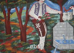 Vintage Naive Art Portrait Oil Painting Couple With Folk Costumes