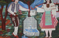 Vintage Naive Art Portrait Oil Painting Couple With Folk Costumes