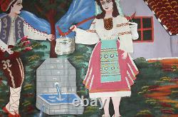 Vintage Naive Art Portrait Oil Painting Couple With Folk Costumes