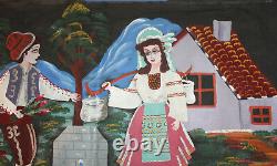 Vintage Naive Art Portrait Oil Painting Couple With Folk Costumes