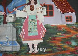 Vintage Naive Art Portrait Oil Painting Couple With Folk Costumes