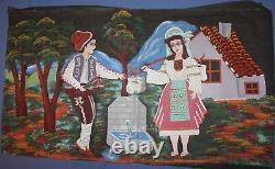 Vintage Naive Art Portrait Oil Painting Couple With Folk Costumes
