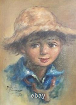 Vintage Original Signed Portrait of Country Boy with Straw Hat One of Pair Oil/C