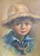 Vintage Original Signed Portrait Of Country Boy With Straw Hat One Of Pair Oil/c