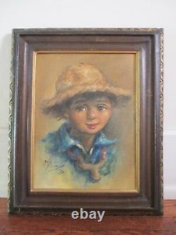 Vintage Original Signed Portrait of Country Boy with Straw Hat One of Pair Oil/C