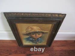 Vintage Original Signed Portrait of Country Boy with Straw Hat One of Pair Oil/C