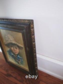 Vintage Original Signed Portrait of Country Boy with Straw Hat One of Pair Oil/C