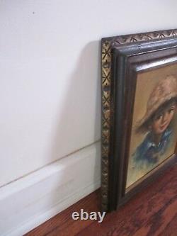 Vintage Original Signed Portrait of Country Boy with Straw Hat One of Pair Oil/C