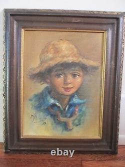 Vintage Original Signed Portrait of Country Boy with Straw Hat One of Pair Oil/C