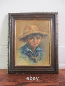 Vintage Original Signed Portrait of Country Boy with Straw Hat One of Pair Oil/C