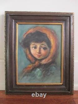 Vintage Original Signed Portrait of Country Girl with Scarf One of Pair Oil/C