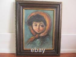 Vintage Original Signed Portrait of Country Girl with Scarf One of Pair Oil/C