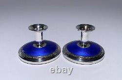 Vintage PAIR GUILLOCHE ENAMEL STERLING SILVER CANDLEHOLDERS NORSK NORWAY SIGNED
