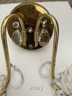 Vintage PAIR Signed Gill Glass Crystal Wall Sconces Hollywood Regency