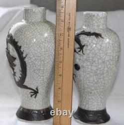 Vintage Pair 2 Chinese Antique White Crackle Glaze Vase Raised DRAGONS Signed