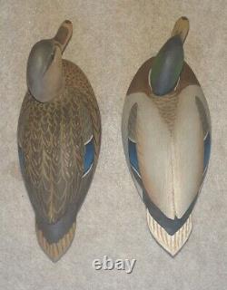 Vintage Pair Carved Wood Mallard Duck Decoys signed Oliver Lawson Crisfield MD