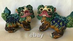 Vintage Pair Chinese Porcelain Foo Dog Lion Guardian Figures Majolica Marked