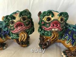 Vintage Pair Chinese Porcelain Foo Dog Lion Guardian Figures Majolica Marked