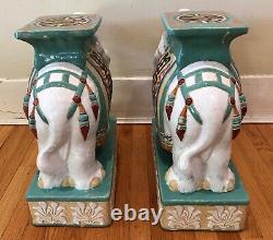 Vintage Pair Large Ceramic Hollywood Regency Elephant Garden Stool / Side Table
