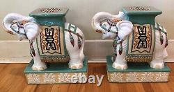 Vintage Pair Large Ceramic Hollywood Regency Elephant Garden Stool / Side Table