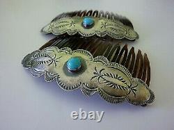 Vintage Pair NAVAJO Sterling Silver & TURQUOISE Hair Combs SOUHWESTERN Signed RJ